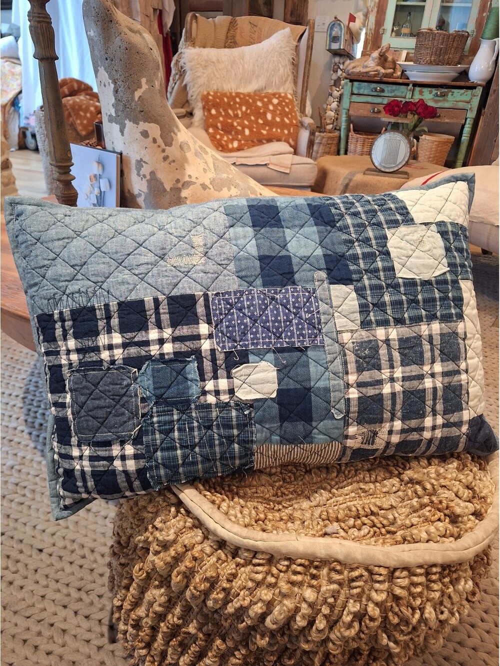 Ralph Lauren Denim patchwork quilt, pillow. Feather down, NWOT.